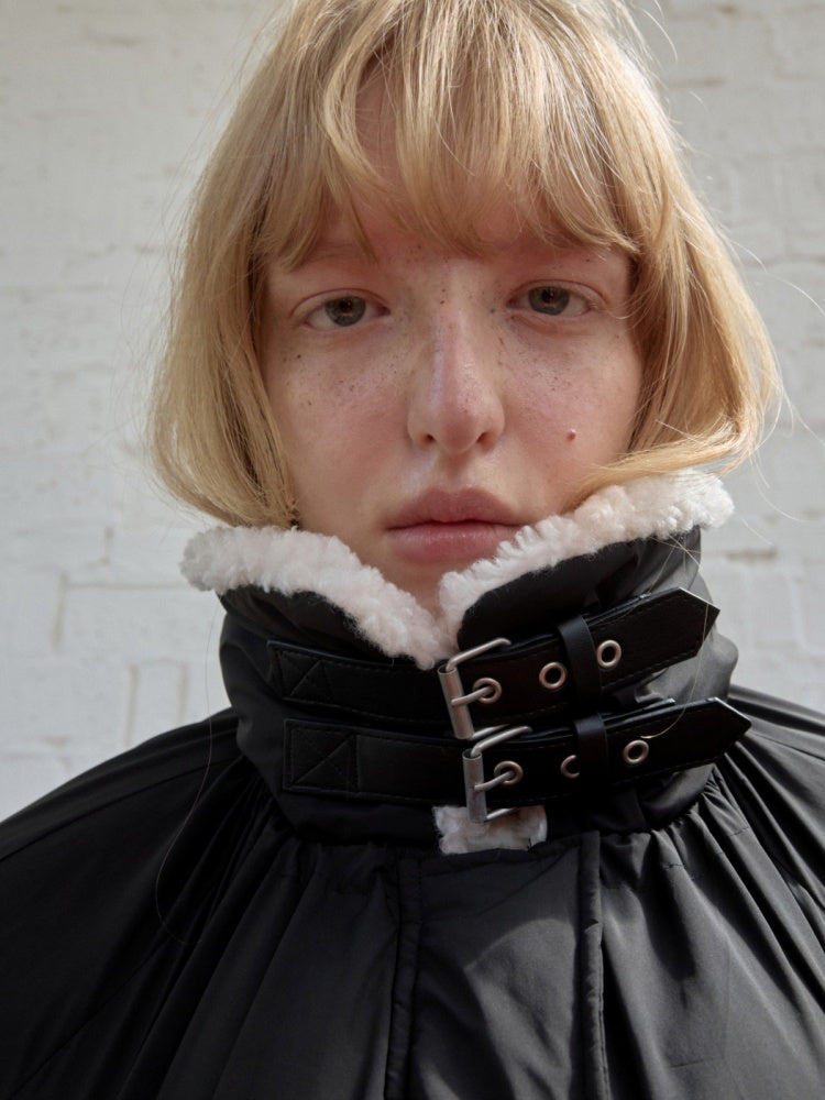 Lambs Wool Stand-Up Collar Belt Pleated Cotton Flower Bud Design Down Jacket【s0000014969】