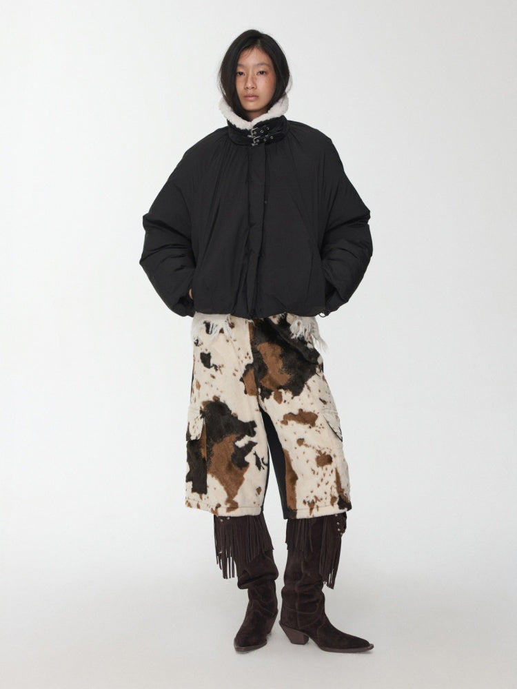 Lambs Wool Stand-Up Collar Belt Pleated Cotton Flower Bud Design Down Jacket【s0000014969】