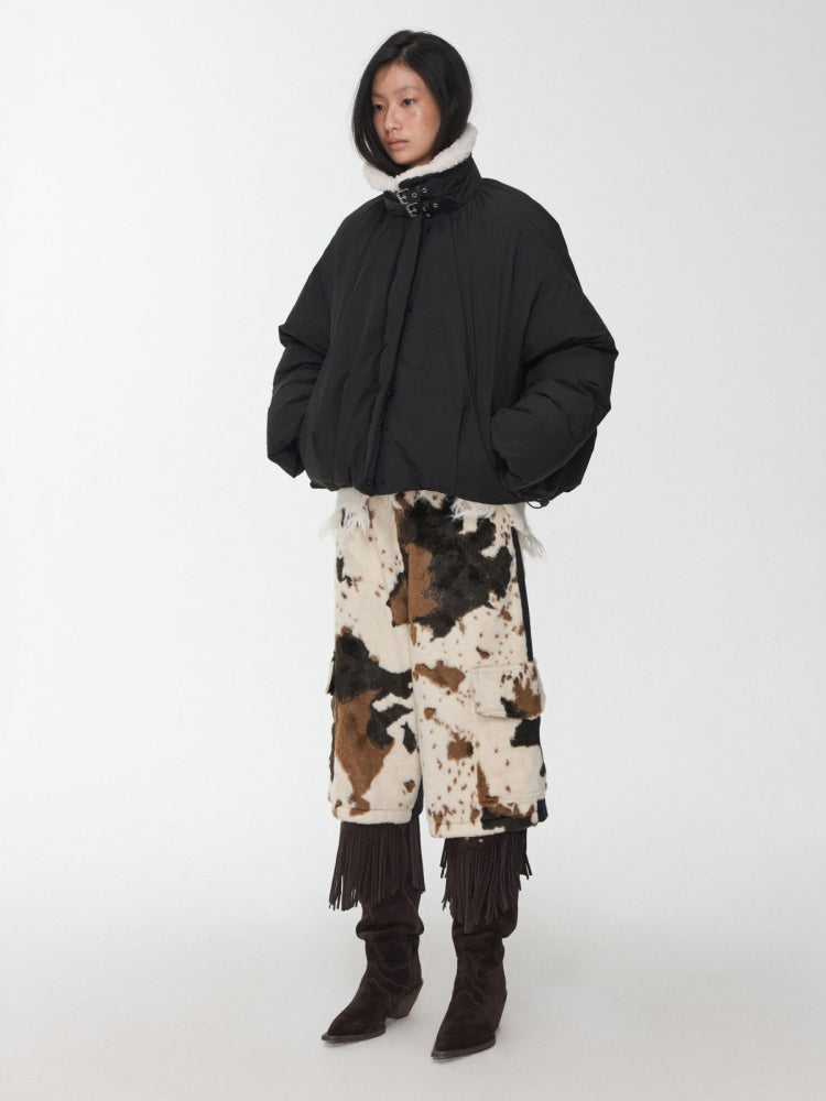 Lambs Wool Stand-Up Collar Belt Pleated Cotton Flower Bud Design Down Jacket【s0000014969】