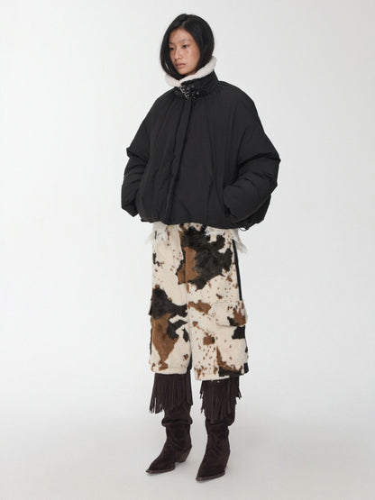 Lambs Wool Stand-Up Collar Belt Pleated Cotton Flower Bud Design Down Jacket【s0000014969】