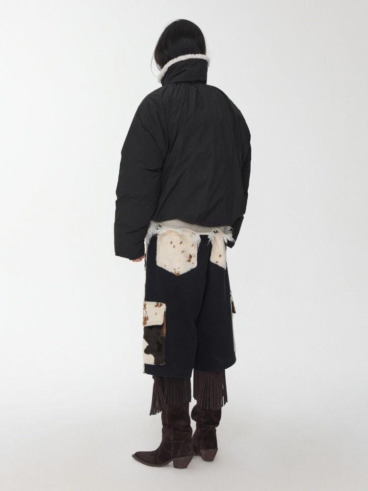 Lambs Wool Stand-Up Collar Belt Pleated Cotton Flower Bud Design Down Jacket【s0000014969】