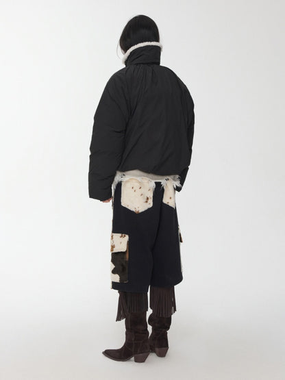 Lambs Wool Stand-Up Collar Belt Pleated Cotton Flower Bud Design Down Jacket【s0000014969】