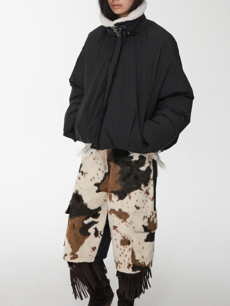Lambs Wool Stand-Up Collar Belt Pleated Cotton Flower Bud Design Down Jacket【s0000014969】