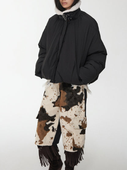 Lambs Wool Stand-Up Collar Belt Pleated Cotton Flower Bud Design Down Jacket【s0000014969】