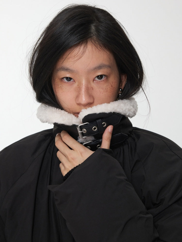 Lambs Wool Stand-Up Collar Belt Pleated Cotton Flower Bud Design Down Jacket【s0000014969】