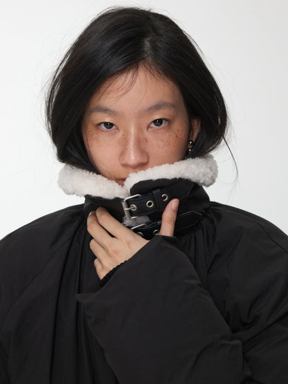 Lambs Wool Stand-Up Collar Belt Pleated Cotton Flower Bud Design Down Jacket【s0000014969】