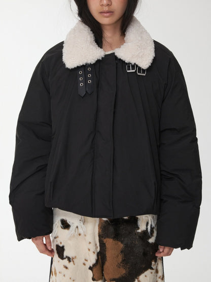 Lambs Wool Stand-Up Collar Belt Pleated Cotton Flower Bud Design Down Jacket【s0000014969】