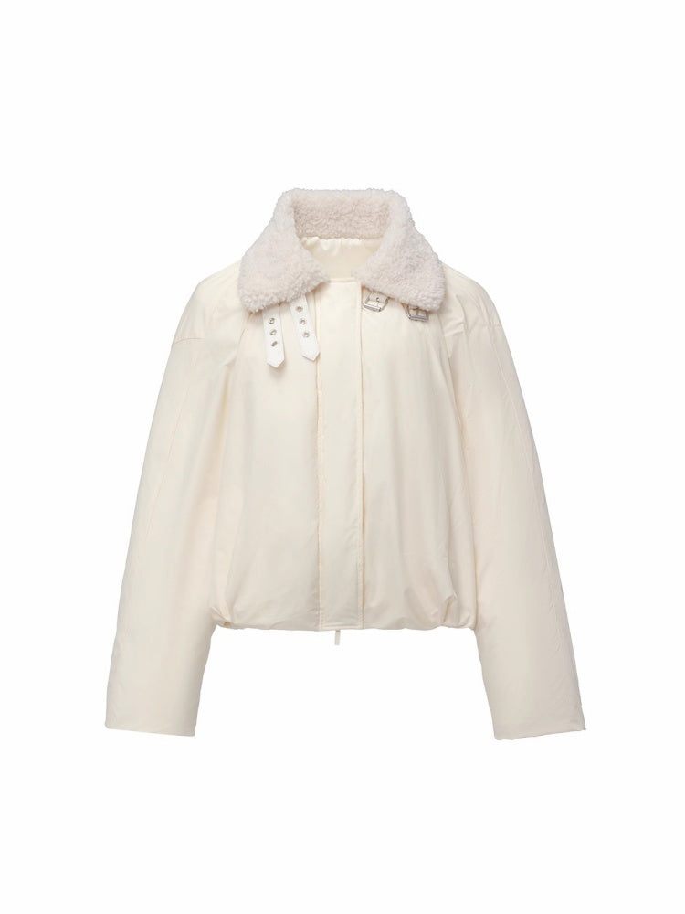 Lambs Wool Stand-Up Collar Belt Pleated Cotton Flower Bud Design Down Jacket【s0000014969】