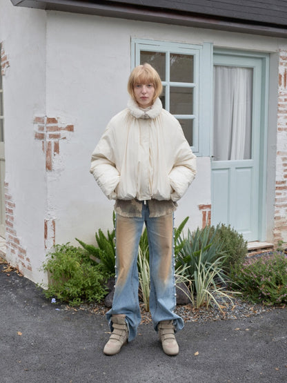 Lambs Wool Stand-Up Collar Belt Pleated Cotton Flower Bud Design Down Jacket【s0000014969】