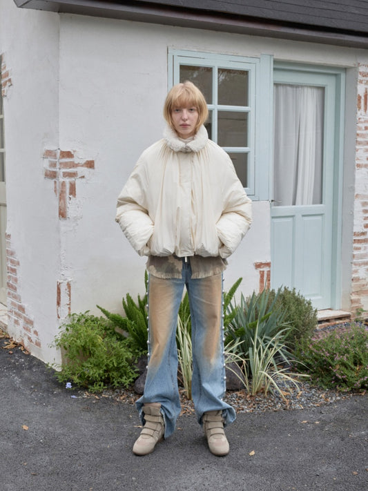Lambs Wool Stand-Up Collar Belt Pleated Cotton Flower Bud Design Down Jacket【s0000014969】