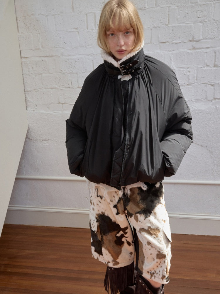 Lambs Wool Stand-Up Collar Belt Pleated Cotton Flower Bud Design Down Jacket【s0000014969】