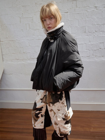 Lambs Wool Stand-Up Collar Belt Pleated Cotton Flower Bud Design Down Jacket【s0000014969】