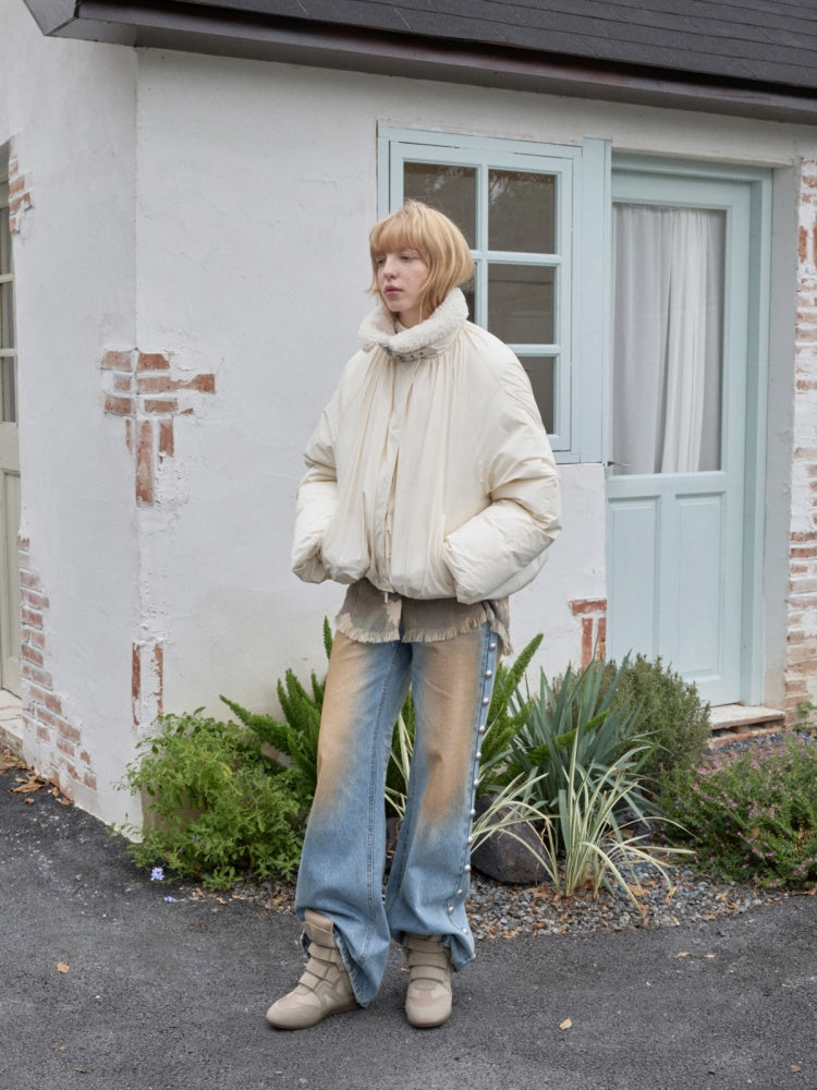 Lambs Wool Stand-Up Collar Belt Pleated Cotton Flower Bud Design Down Jacket【s0000014969】
