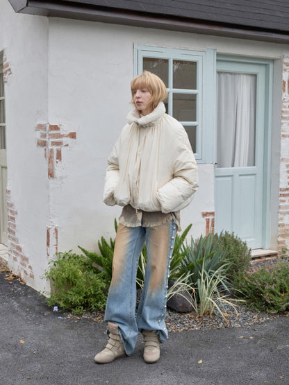 Lambs Wool Stand-Up Collar Belt Pleated Cotton Flower Bud Design Down Jacket【s0000014969】