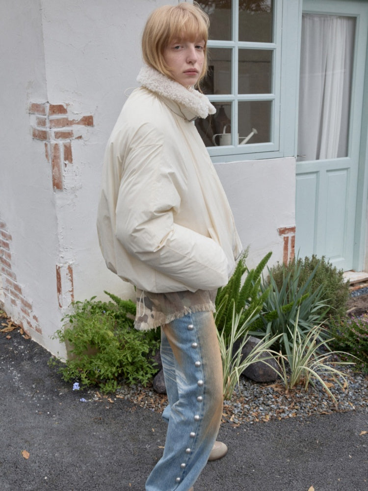 Lambs Wool Stand-Up Collar Belt Pleated Cotton Flower Bud Design Down Jacket【s0000014969】