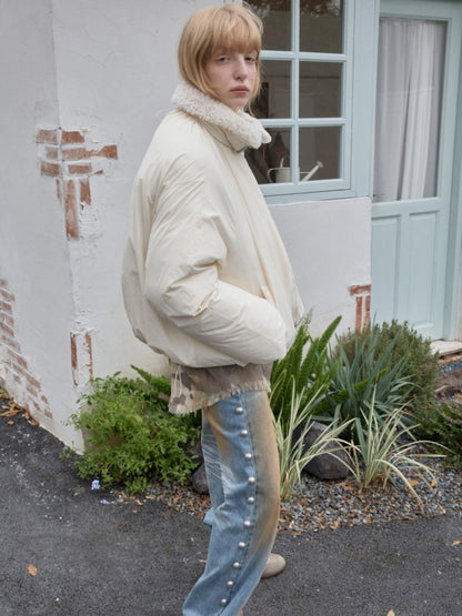 Lambs Wool Stand-Up Collar Belt Pleated Cotton Flower Bud Design Down Jacket【s0000014969】