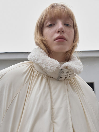 Lambs Wool Stand-Up Collar Belt Pleated Cotton Flower Bud Design Down Jacket【s0000014969】