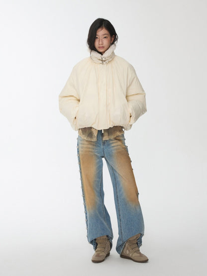 Lambs Wool Stand-Up Collar Belt Pleated Cotton Flower Bud Design Down Jacket【s0000014969】