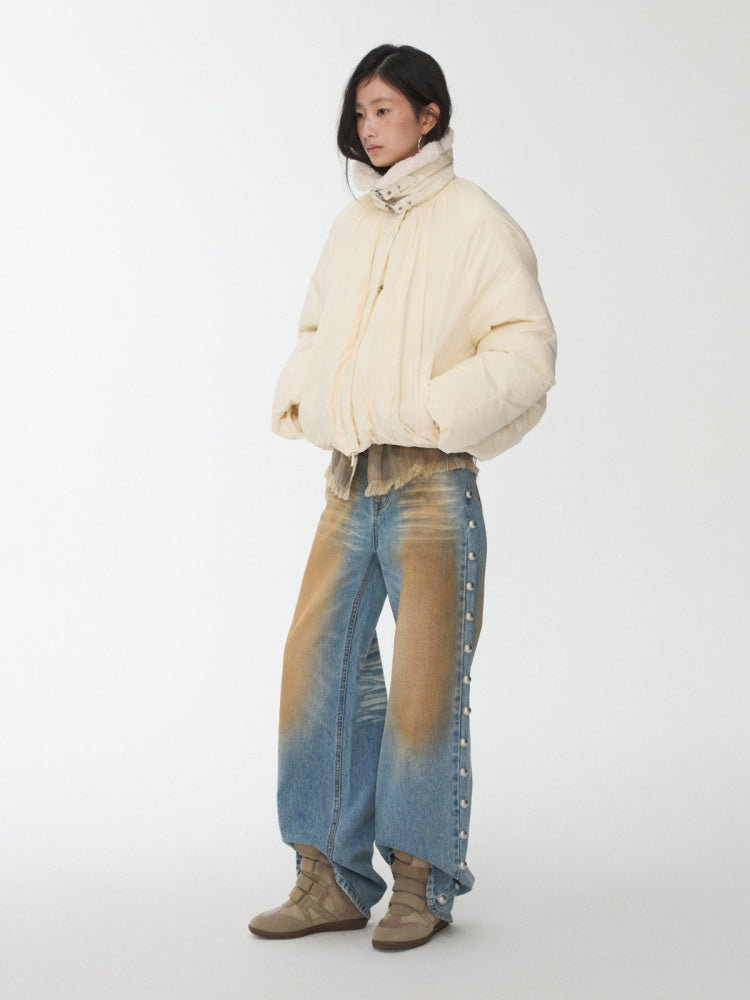 Lambs Wool Stand-Up Collar Belt Pleated Cotton Flower Bud Design Down Jacket【s0000014969】