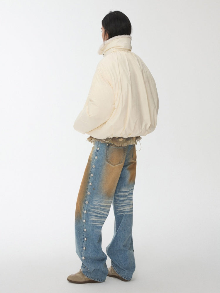 Lambs Wool Stand-Up Collar Belt Pleated Cotton Flower Bud Design Down Jacket【s0000014969】