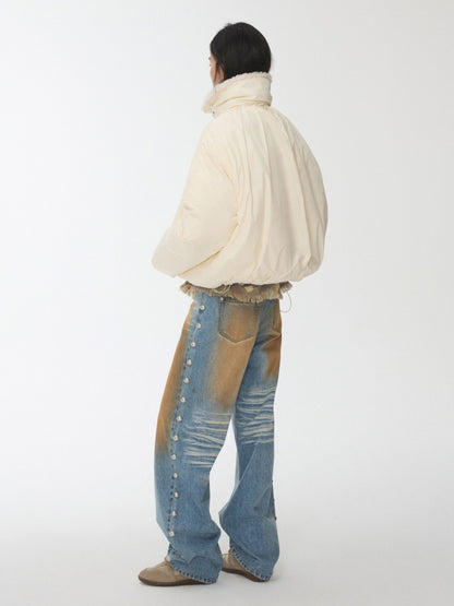 Lambs Wool Stand-Up Collar Belt Pleated Cotton Flower Bud Design Down Jacket【s0000014969】