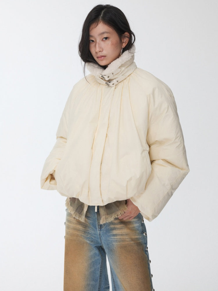 Lambs Wool Stand-Up Collar Belt Pleated Cotton Flower Bud Design Down Jacket【s0000014969】