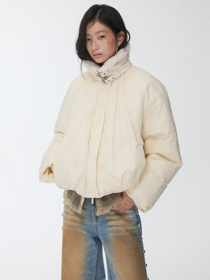 Lambs Wool Stand-Up Collar Belt Pleated Cotton Flower Bud Design Down Jacket【s0000014969】