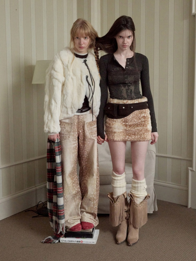 Rabbit Fur Crew Neck Horn Buckle Lace-Up Loose Plush Short Coat【s0000014970】