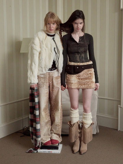 Rabbit Fur Crew Neck Horn Buckle Lace-Up Loose Plush Short Coat【s0000014970】