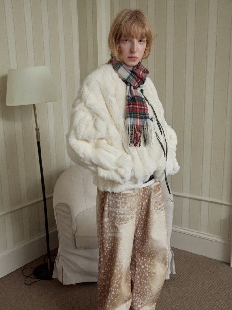Rabbit Fur Crew Neck Horn Buckle Lace-Up Loose Plush Short Coat【s0000014970】