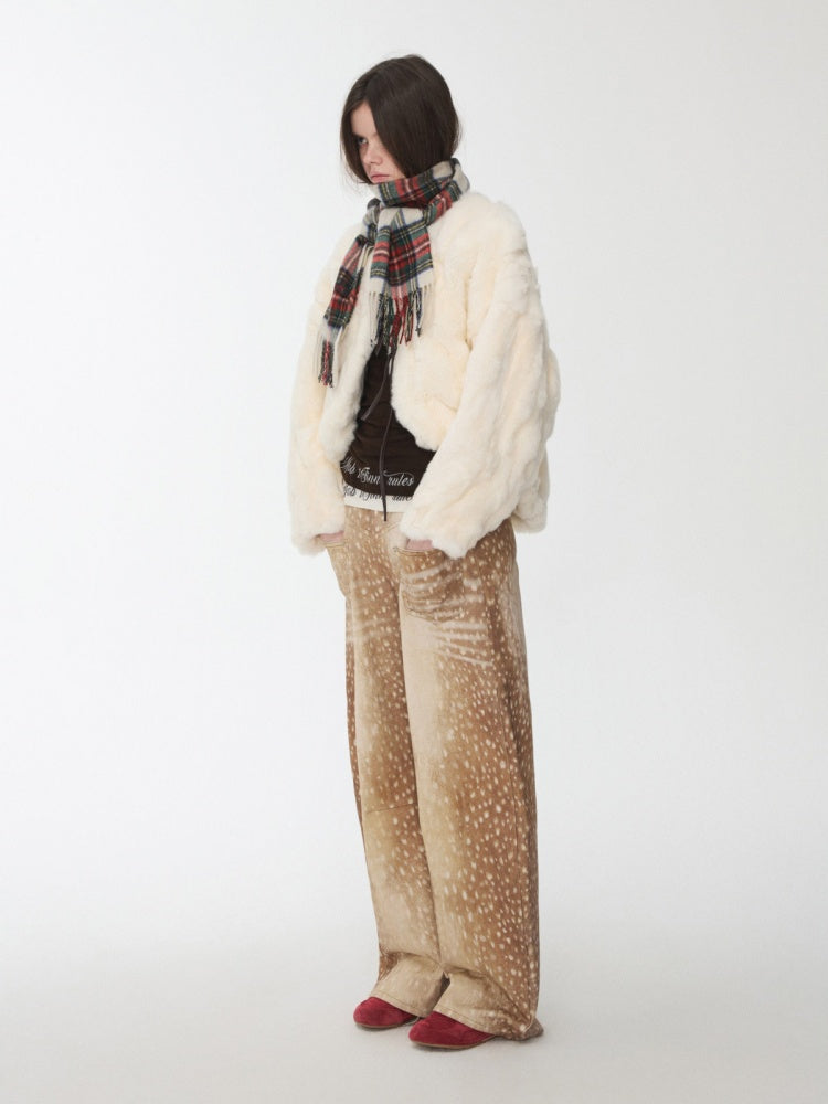 Rabbit Fur Crew Neck Horn Buckle Lace-Up Loose Plush Short Coat【s0000014970】