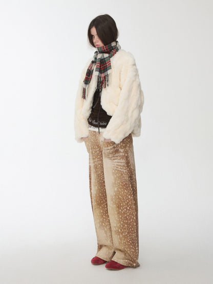 Rabbit Fur Crew Neck Horn Buckle Lace-Up Loose Plush Short Coat【s0000014970】