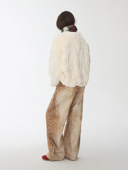 Rabbit Fur Crew Neck Horn Buckle Lace-Up Loose Plush Short Coat【s0000014970】