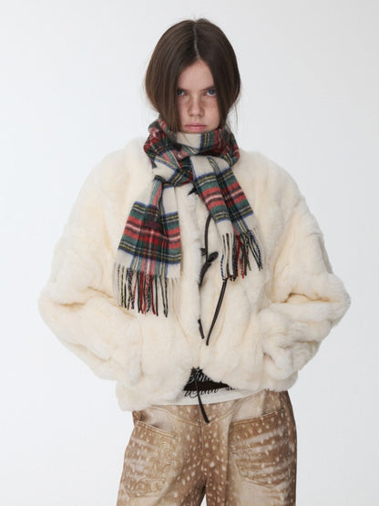 Rabbit Fur Crew Neck Horn Buckle Lace-Up Loose Plush Short Coat【s0000014970】