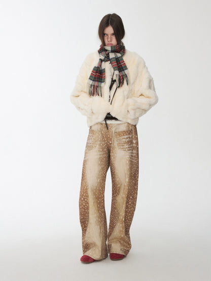 Rabbit Fur Crew Neck Horn Buckle Lace-Up Loose Plush Short Coat【s0000014970】
