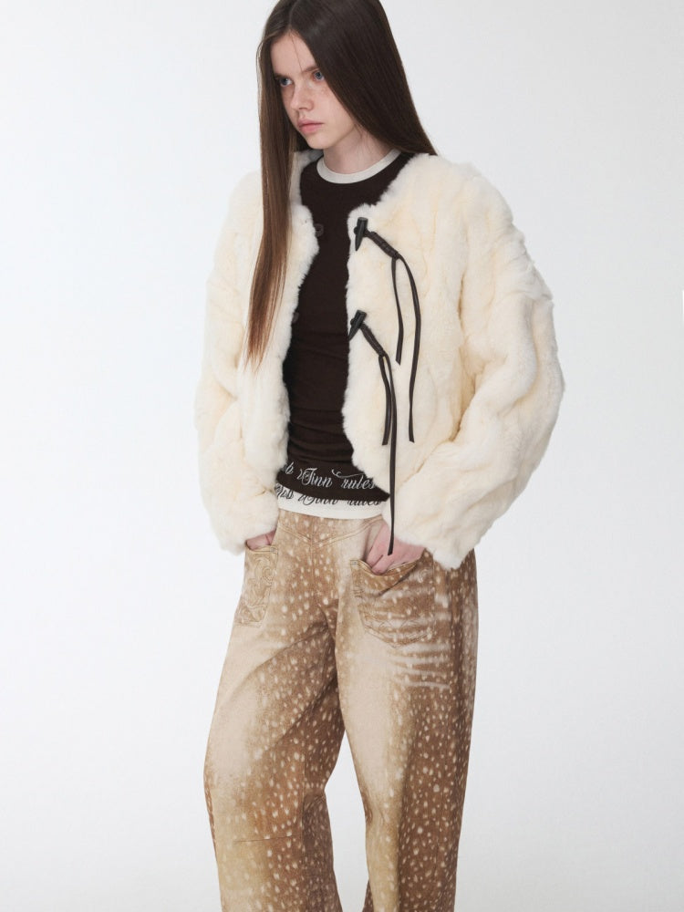 Rabbit Fur Crew Neck Horn Buckle Lace-Up Loose Plush Short Coat【s0000014970】