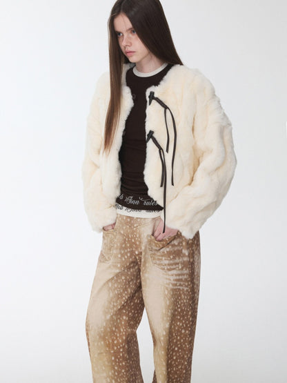 Rabbit Fur Crew Neck Horn Buckle Lace-Up Loose Plush Short Coat【s0000014970】