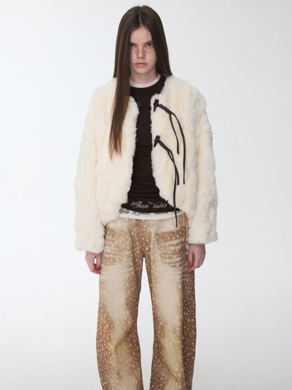 Rabbit Fur Crew Neck Horn Buckle Lace-Up Loose Plush Short Coat【s0000014970】
