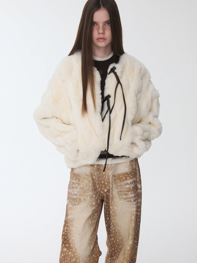 Rabbit Fur Crew Neck Horn Buckle Lace-Up Loose Plush Short Coat