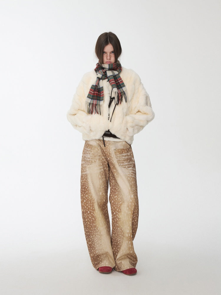 Rabbit Fur Crew Neck Horn Buckle Lace-Up Loose Plush Short Coat【s0000014970】