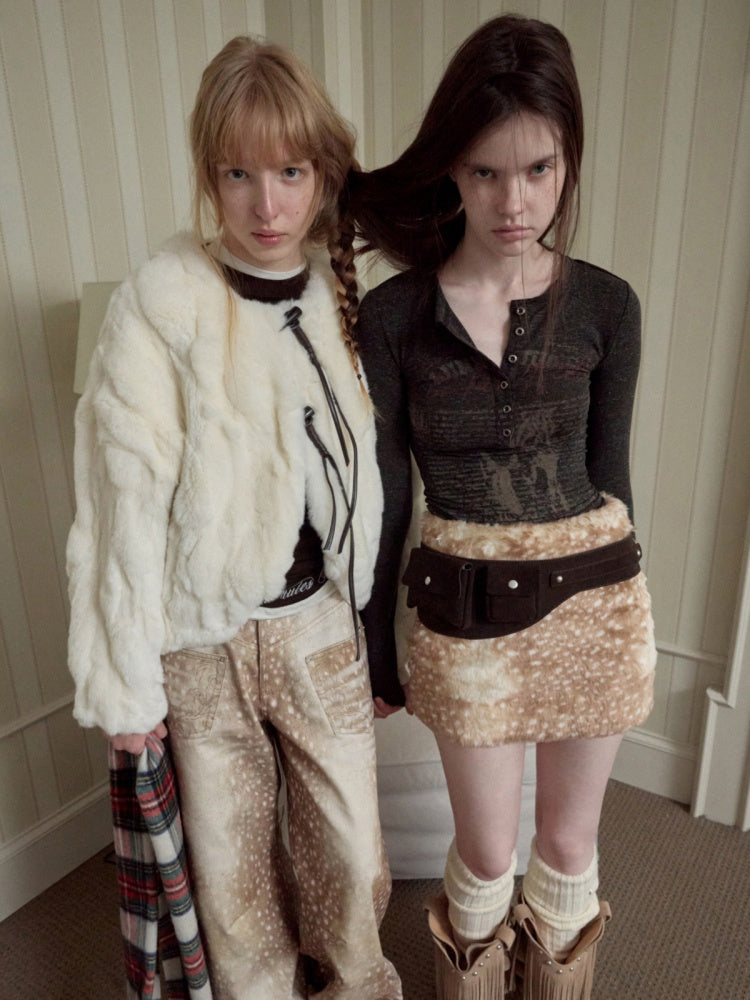 Rabbit Fur Crew Neck Horn Buckle Lace-Up Loose Plush Short Coat【s0000014970】