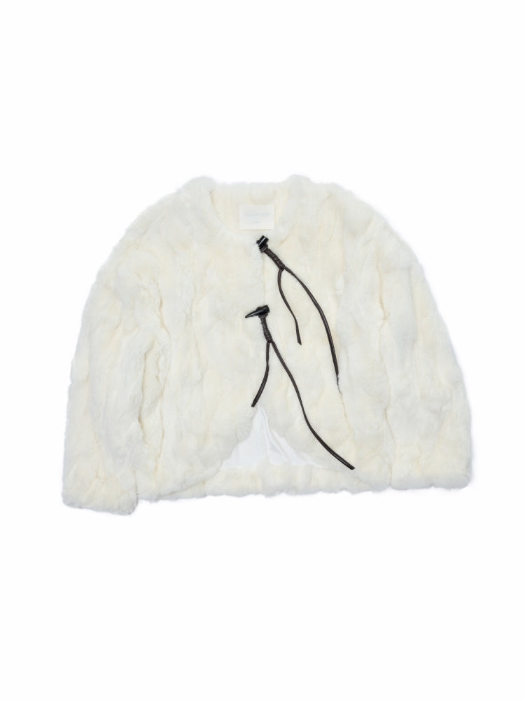 Rabbit Fur Crew Neck Horn Buckle Lace-Up Loose Plush Short Coat【s0000014970】