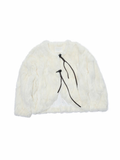 Rabbit Fur Crew Neck Horn Buckle Lace-Up Loose Plush Short Coat【s0000014970】