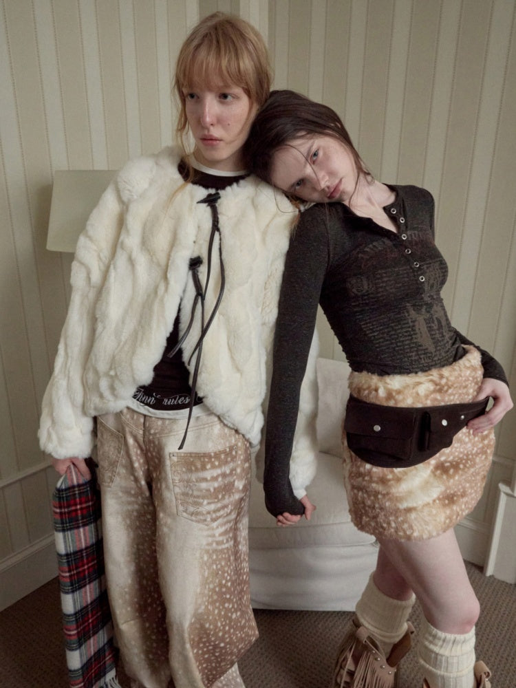 Rabbit Fur Crew Neck Horn Buckle Lace-Up Loose Plush Short Coat【s0000014970】