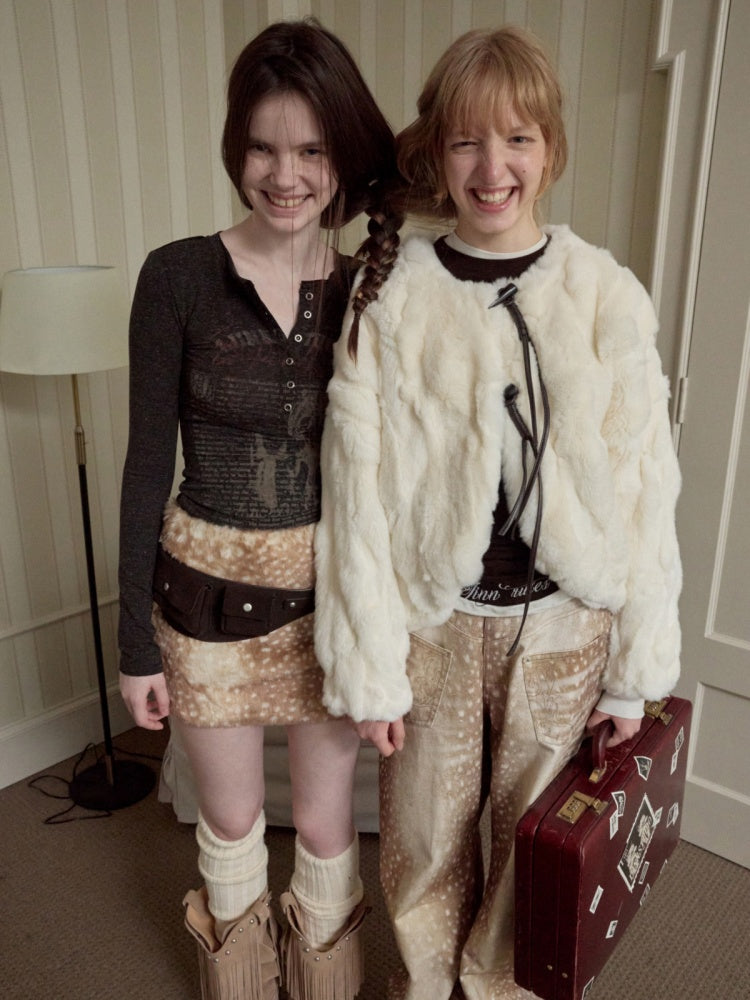 Rabbit Fur Crew Neck Horn Buckle Lace-Up Loose Plush Short Coat【s0000014970】