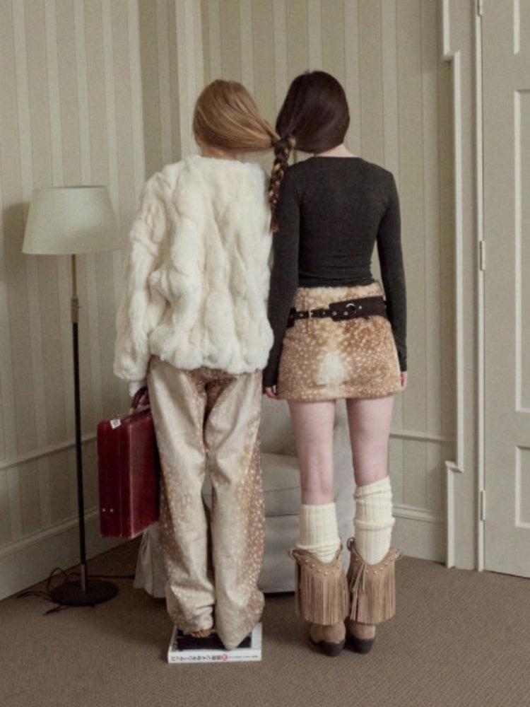 Rabbit Fur Crew Neck Horn Buckle Lace-Up Loose Plush Short Coat【s0000014970】