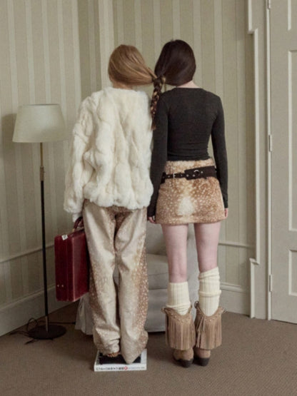 Rabbit Fur Crew Neck Horn Buckle Lace-Up Loose Plush Short Coat【s0000014970】