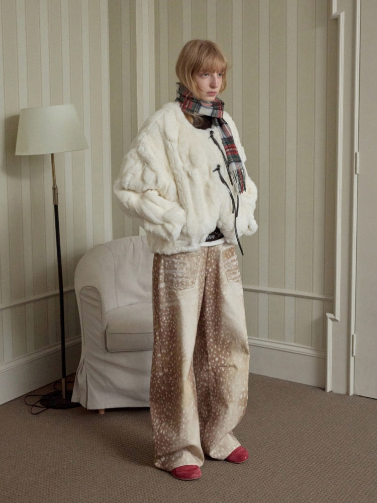 Rabbit Fur Crew Neck Horn Buckle Lace-Up Loose Plush Short Coat【s0000014970】