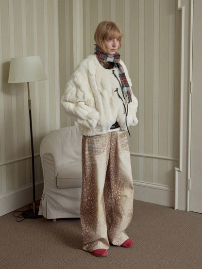 Rabbit Fur Crew Neck Horn Buckle Lace-Up Loose Plush Short Coat【s0000014970】