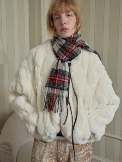 Rabbit Fur Crew Neck Horn Buckle Lace-Up Loose Plush Short Coat【s0000014970】